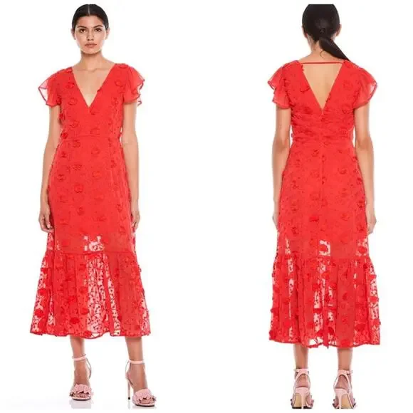 Talulah La Mason Scarlett Ruffle Floral 3D Flowers V-Neck Dress Size XS NEW Red - Picture 1 of 6